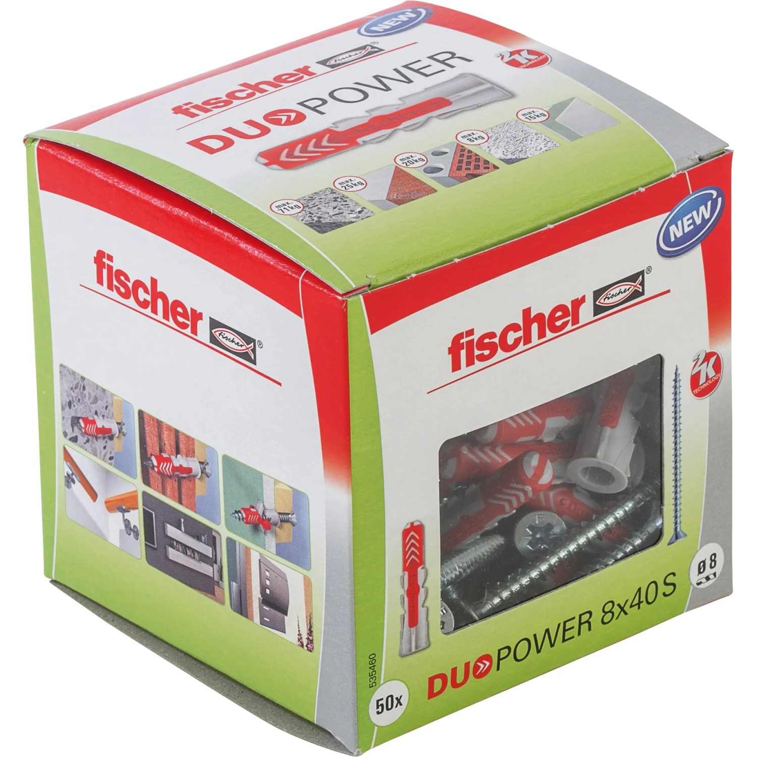 Verpackung Fischer Dübel DuoPower 8x40 mm mit Schrauben, rot/grau. Universaldübel für sicheren Halt.