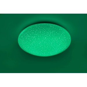 Weiße LED-Deckenleuchte Skyler (Ø 39 cm) mit Sternenhimmel-Effekt, leuchtet grün.