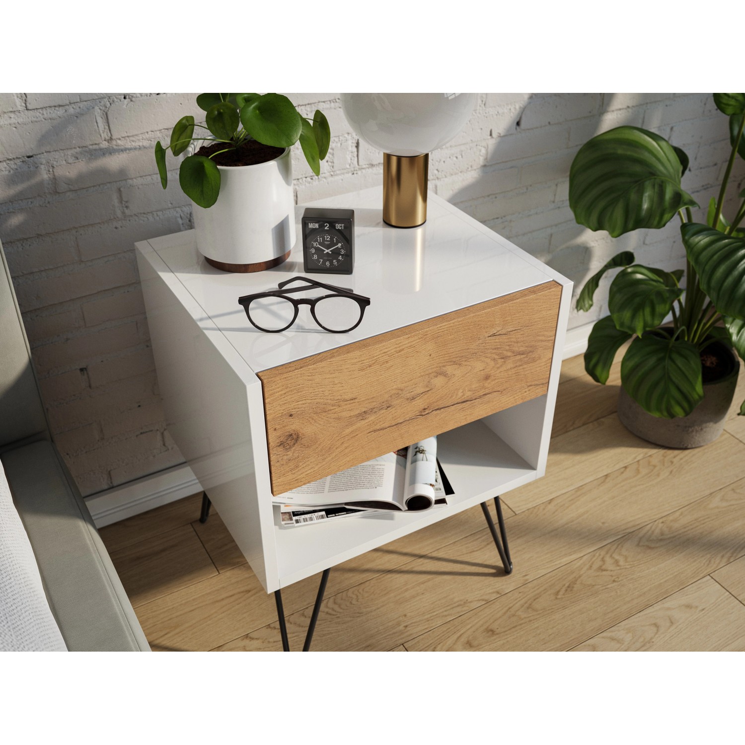 Posseik Nachttisch-Set Industrial B, 2-teilig, weiß/Eiche mit Schublade und Ablagefach.