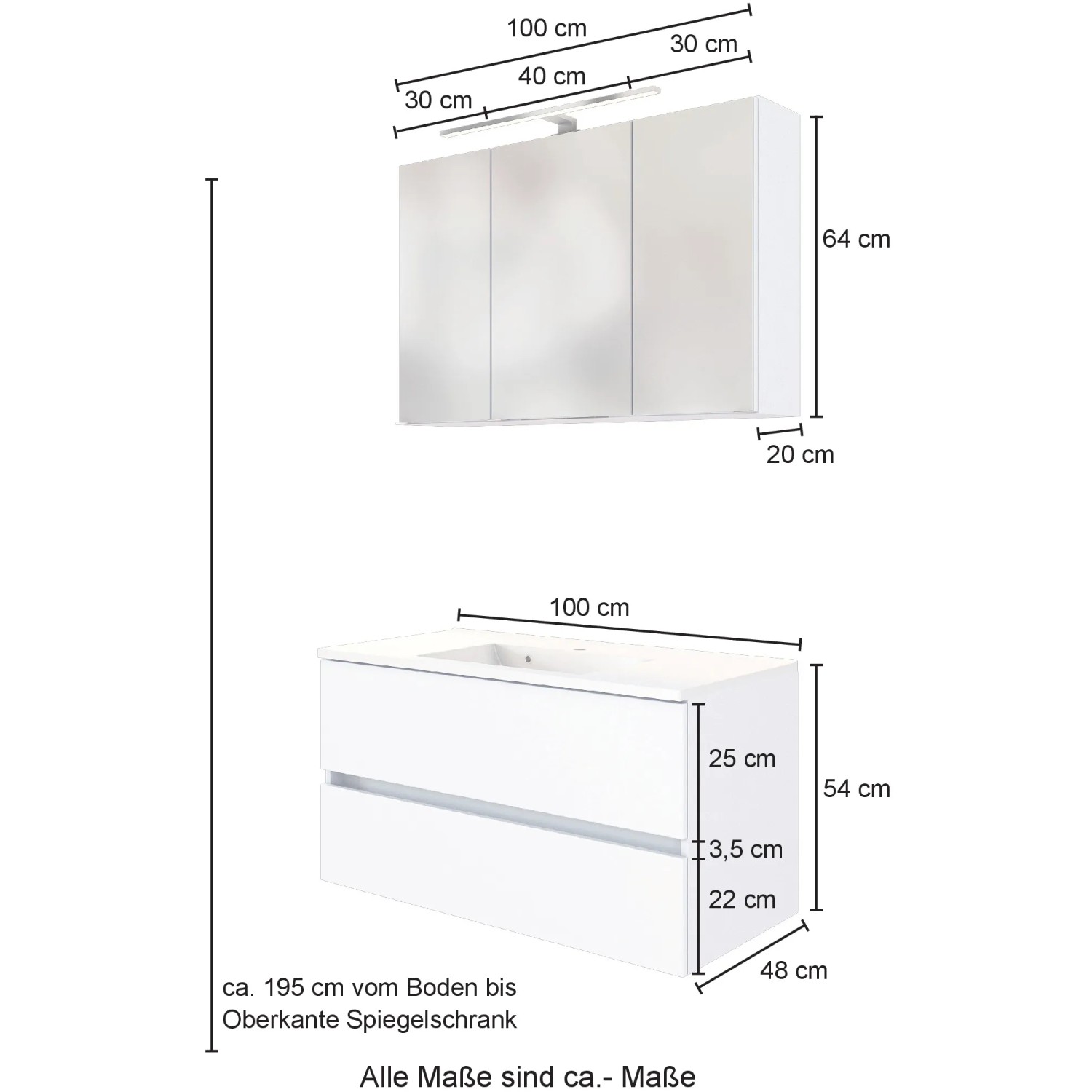 Held Möbel Waschtisch-Set Bari, 100 cm, Wotaneiche/Graphitgrau mit Spiegelschrank und Mineralgussbecken.