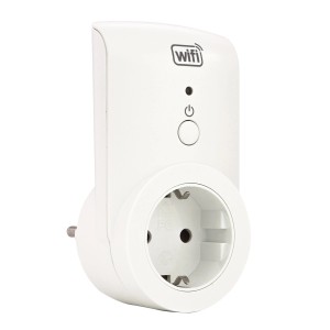 Weiße WLAN Steckdose zur Hausfunksteuerung mit Schalter und WiFi-Symbol.