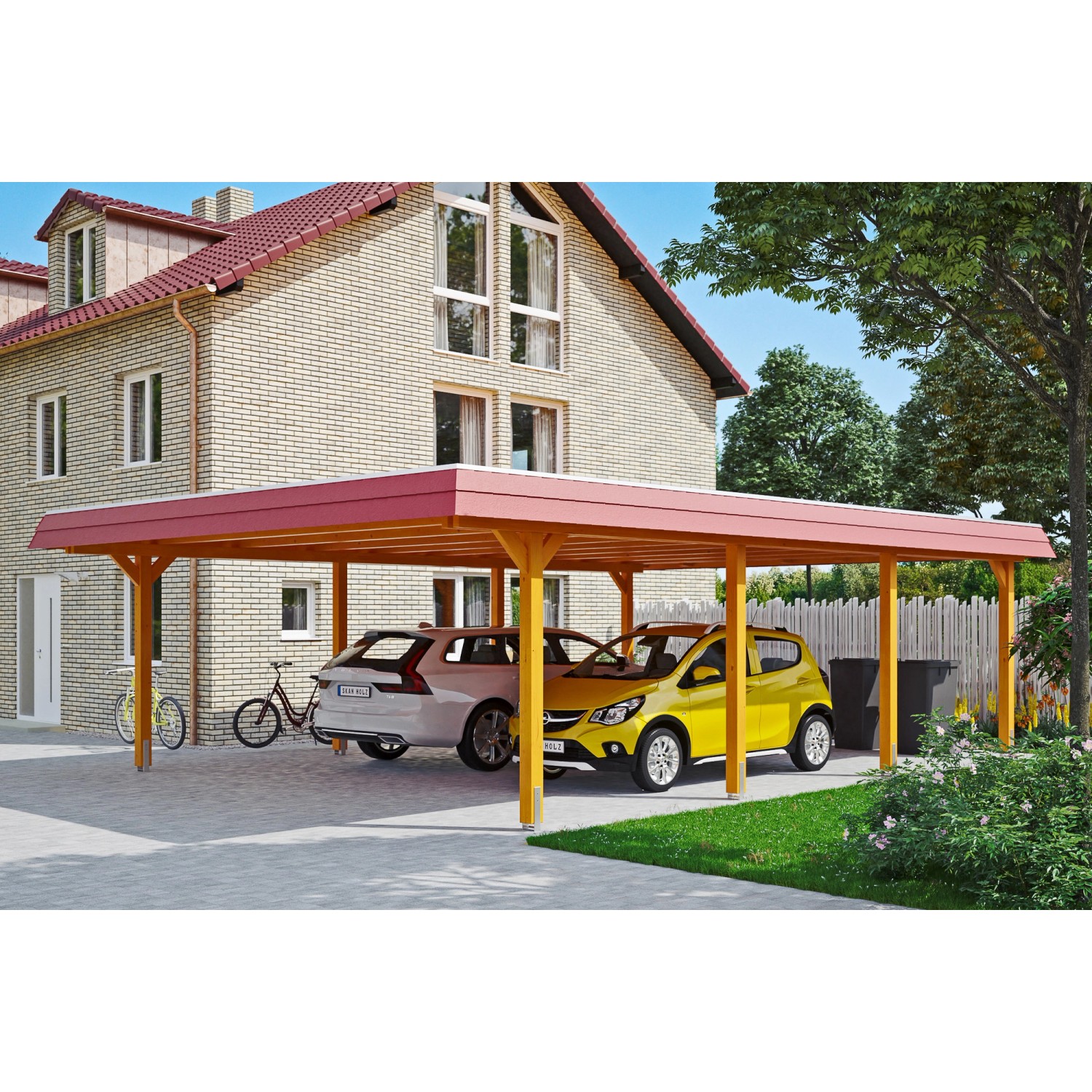 Skan Holz Doppelcarport Wendland Eiche hell mit zwei geparkten Autos vor einem Haus.