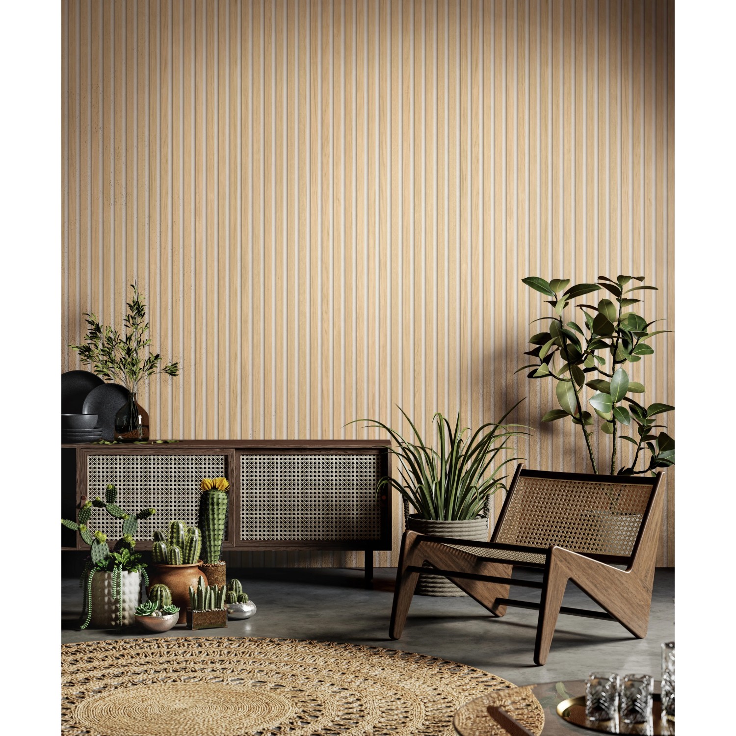 Grosfillex Wandpaneel Element 3D Linio Ash Light, Holzoptik, montiert an einer Wohnzimmerwand.