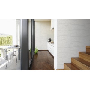 A.S. Creation Dekora Natur Tapete in Weiß mit Steinmuster im modernen Wohnraum.