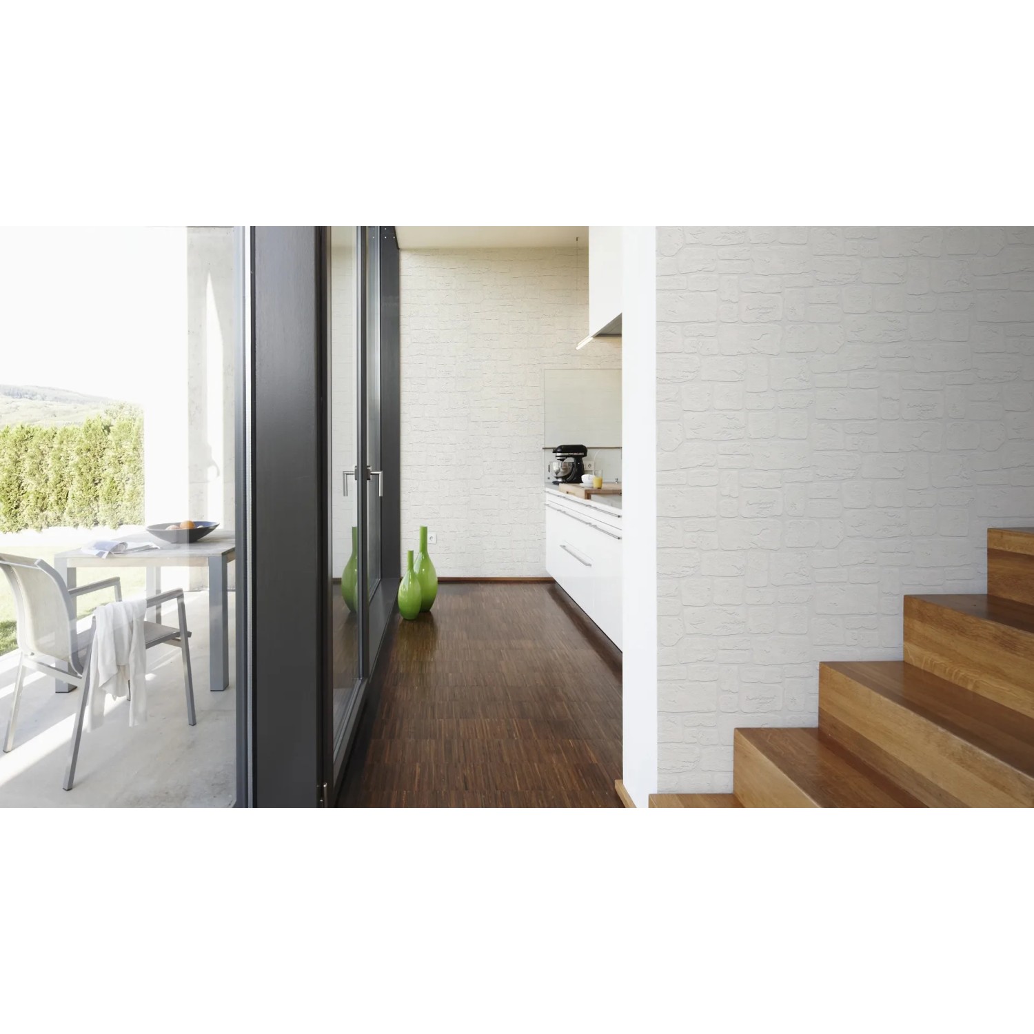 A.S. Creation Dekora Natur Tapete in Weiß mit Steinmuster im modernen Wohnraum.