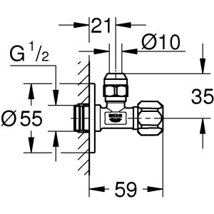 Technische Zeichnung Grohe Eckventil Chrom 1/2 x 3/8 selbstdichtend mit Maßangaben.