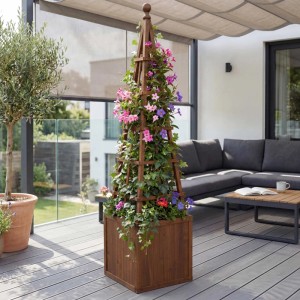 Dunkelbraunes MCW Rankgitter Q18 mit Pflanzkasten aus Holz, 168x40x40cm, bepflanzt mit Kletterpflanzen.