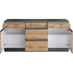 Held Möbel Küchenunterschrank Turin, 180 cm, Wotaneiche/Graphit, mit Schubladen und Drehtüren.
