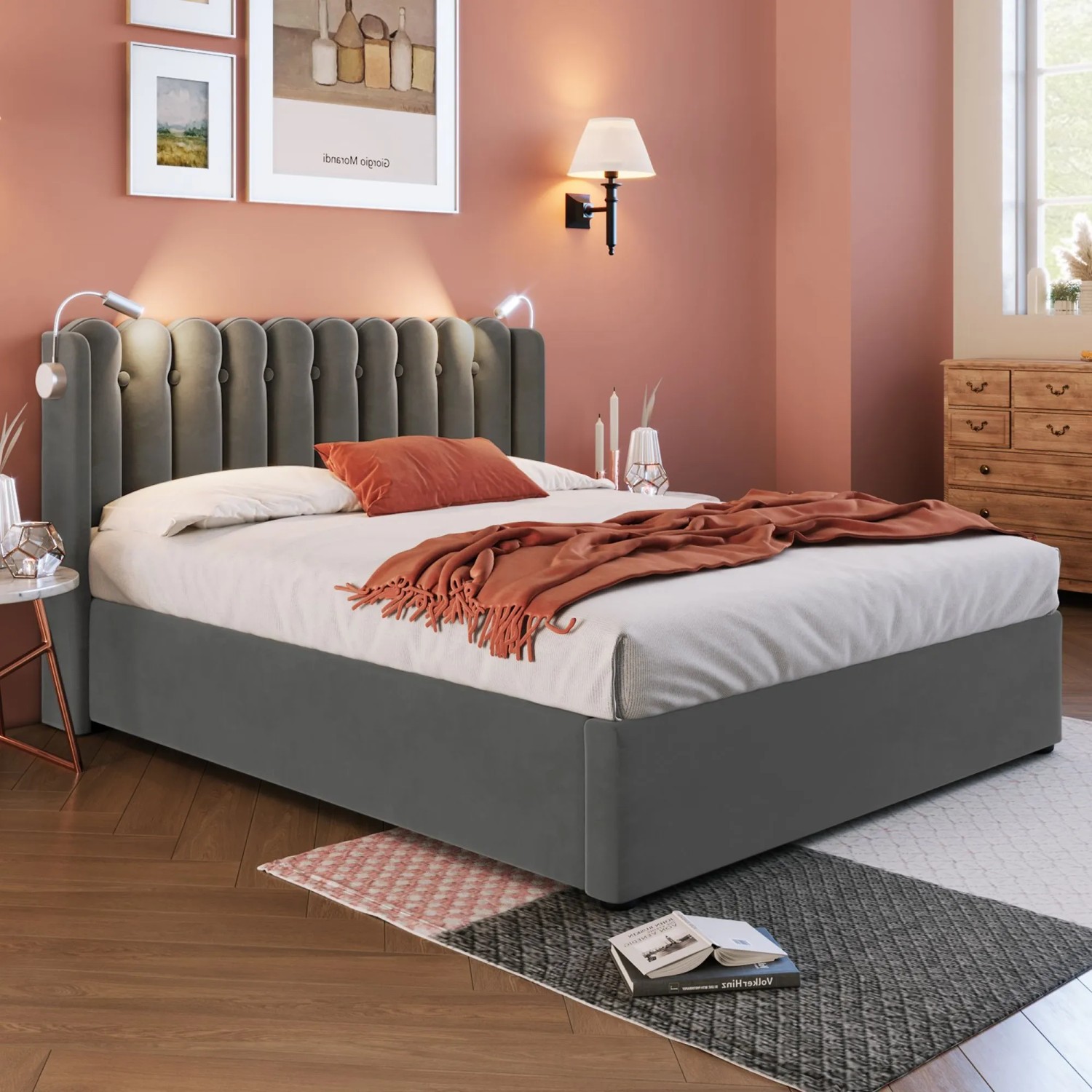 okwish Polsterbett 140x200cm mit Leselicht Stauraum Jugendzimmer Grau mit Matratze_3