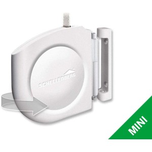 Schellenberg Design-Gurtwickler Mini, weiß, mit grauem Rollladengurt. Kompakter Rollladenantrieb.