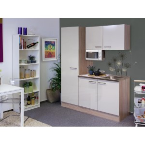 Flex-Well Singleküche 150 cm Orlando in Kaschmir Glanz/Sonome Eiche mit Mikrowelle und Spüle.