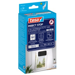 Verpackung des tesa® Insect Stop 2-in-1 Sonnenschutz & Fliegengitter Fenster in Anthrazit.