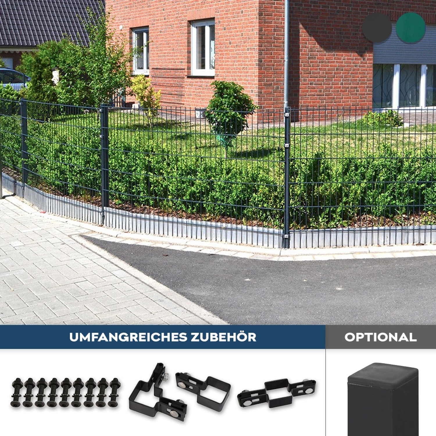 Anthrazitfarbener Doppelstabmattenzaun (0,4x10m) von Home Deluxe umrandet ein Grundstück.