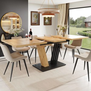 Moderner Ausziehtisch in Holzoptik, teilweise ausgezogen, mit einzigartigem schrägen Fuß. Ideal für Küche & Wohnzimmer.