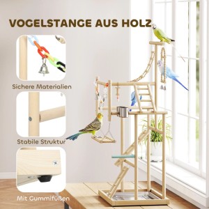 PawHut Vogelspielplatz aus hellem Holz mit mehreren Ebenen, Leitern, Schaukeln und Futterspendern für Vögel.