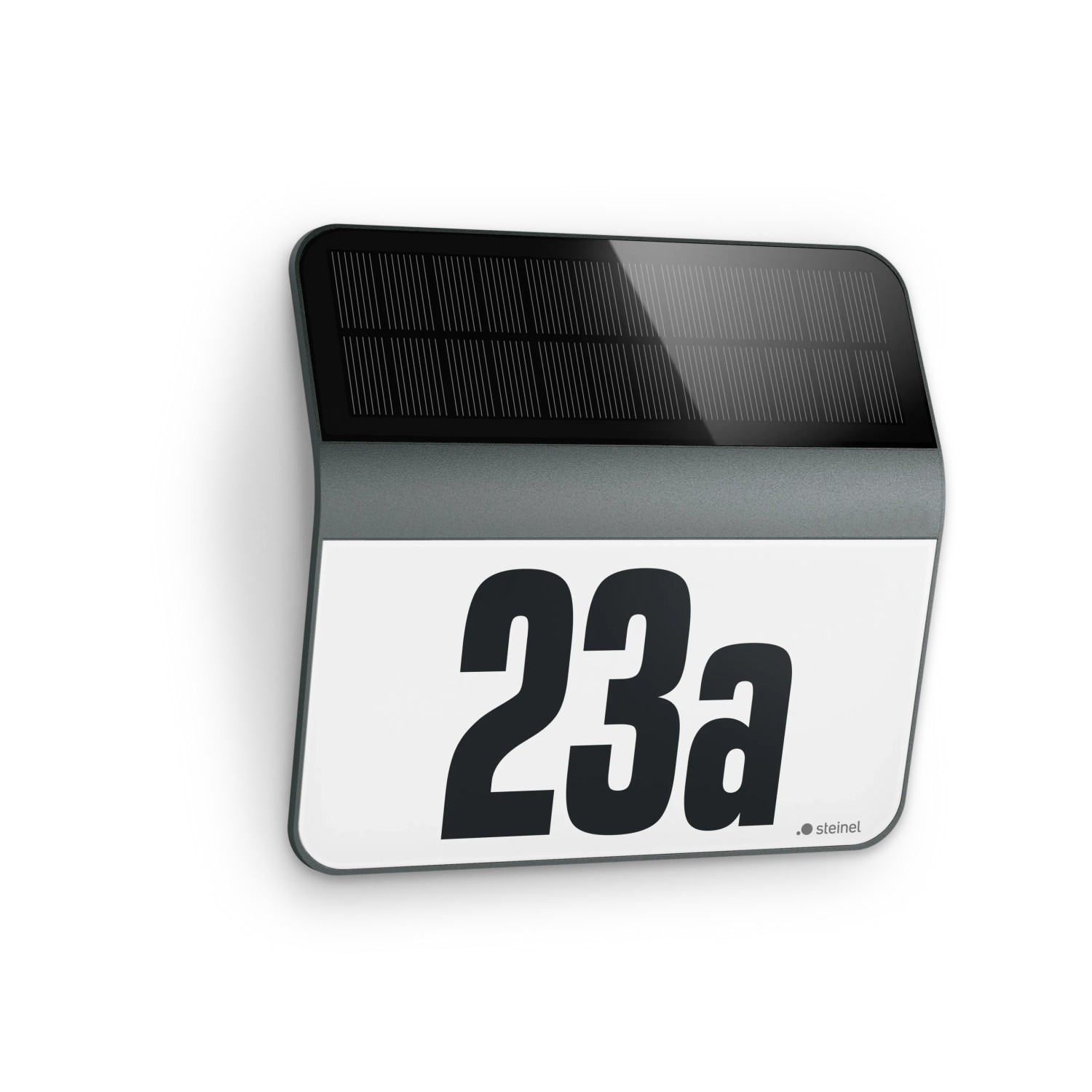 Steinel LED-Hausnummernleuchte XSolar LH-N in Anthrazit mit Solarpanel und Hausnummer 23a.