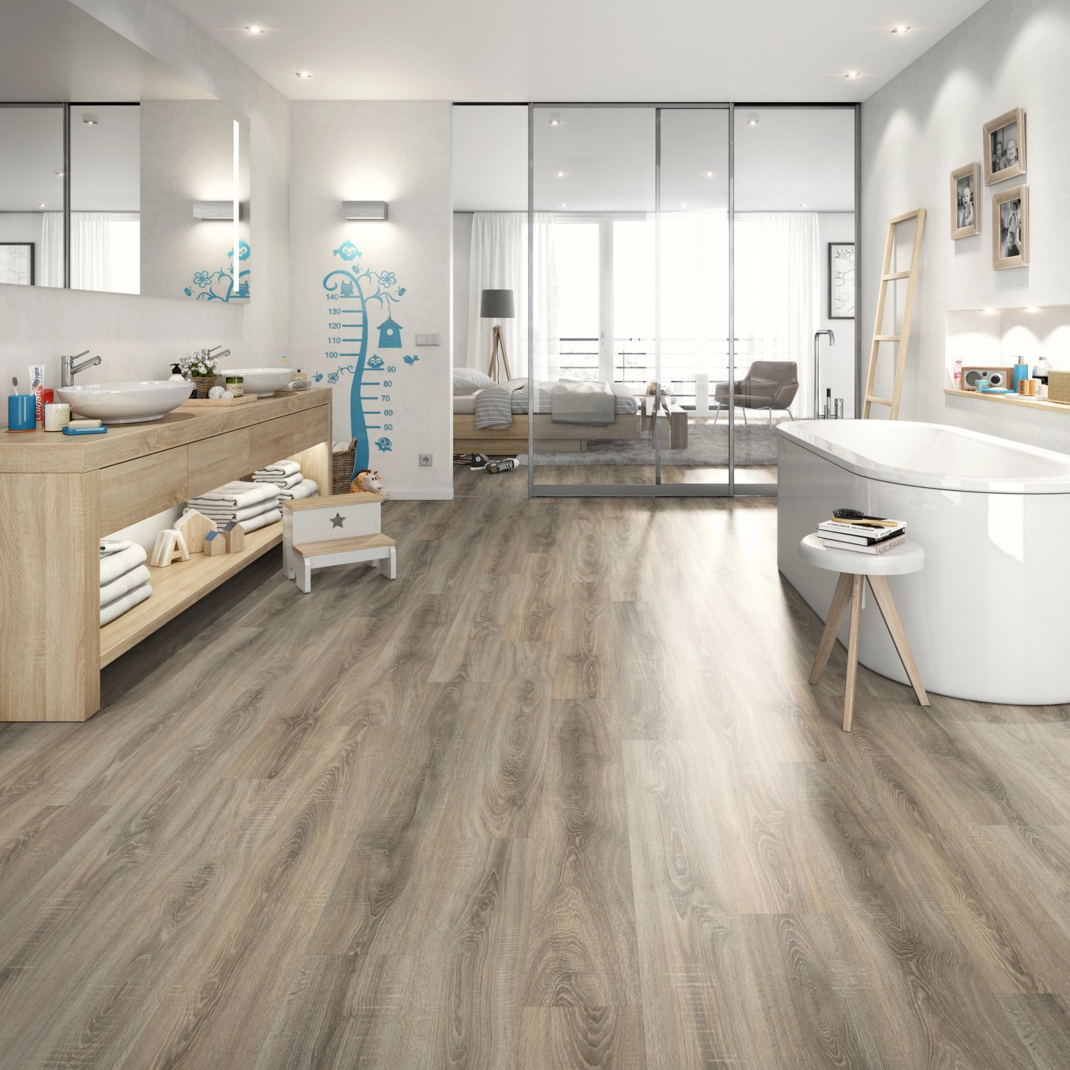 Egger Designboden Home Eiche Grau, 60mm stark, mit Trittschalldämmung im Badezimmer.