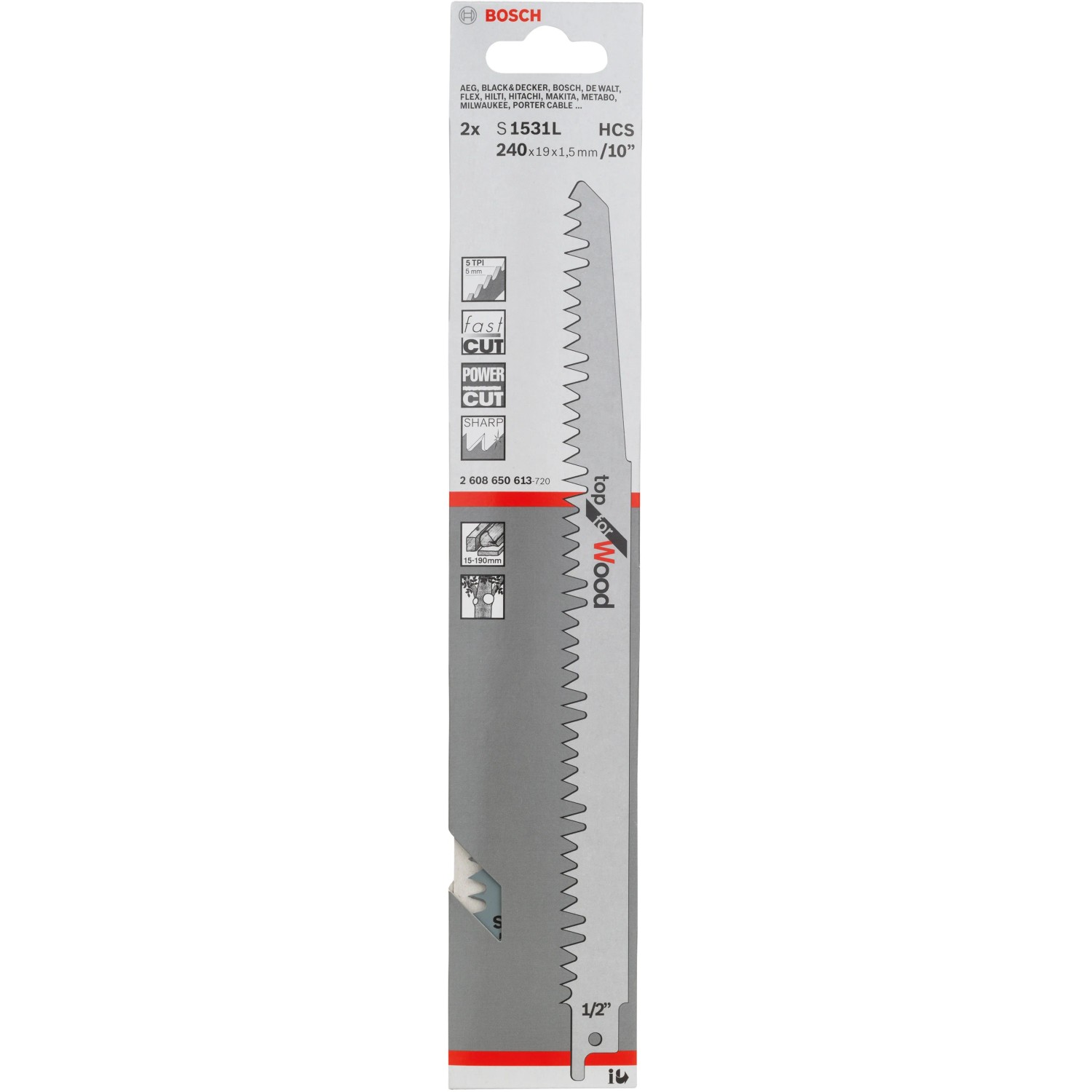 Bosch Säbelsägeblatt Pro S 1531 L, 2er-Pack für Holz, HCS Stahl, 240 mm lang.