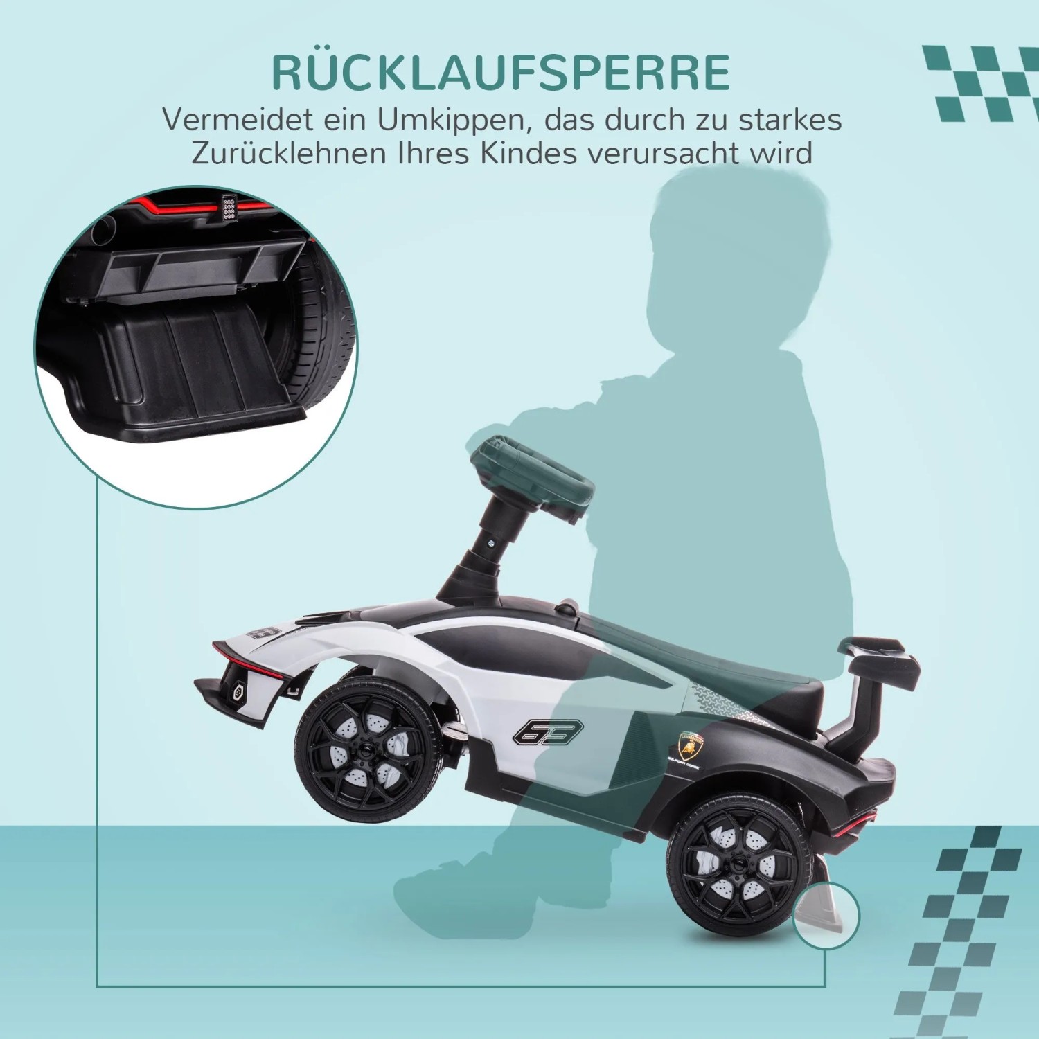 AIYAPLAY Kinderfahrzeug, weiß-grün-schwarz, mit Rücklaufsperre. Robustes Rutschauto aus Kunststoff.