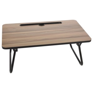 Brauner Bett-Laptoptisch aus MDF-Holz mit klappbarem Metallgestell. Ideal zum Arbeiten im Liegen.
