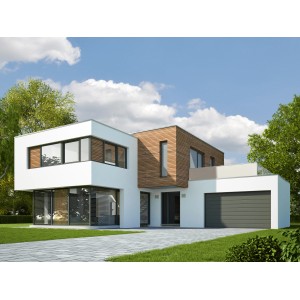 Modernes, zweistöckiges Haus mit Flachdach, weißer Fassade und Holzelementen an einem sonnigen Tag.