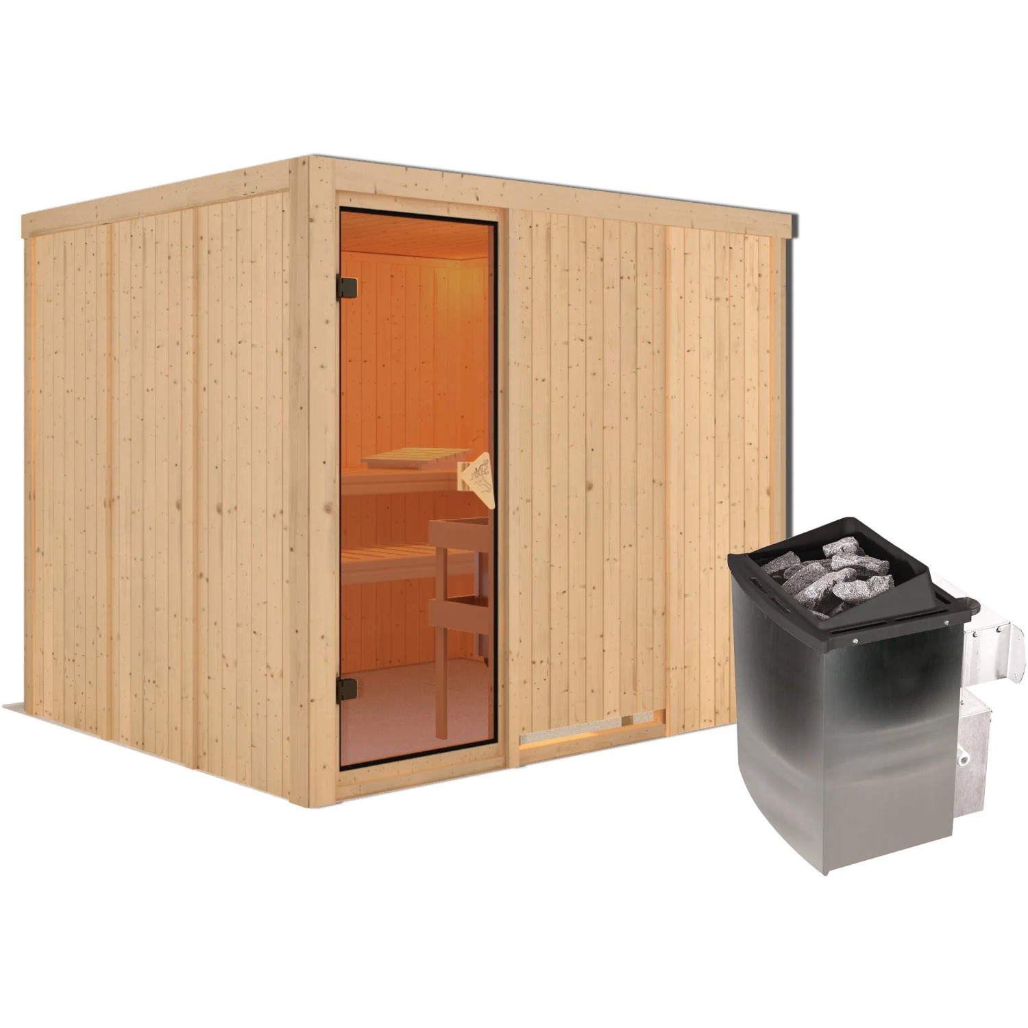 Karibu Sauna Gunda mit Edelstahl-Ofen, naturbelassene Massivholzsauna mit Glastür und integriertem Ofen.