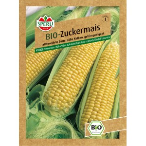 Samenpackung Sperli Bio Zuckermais mit gelben Maiskolben und grünen Blättern.