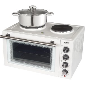 Weißer Silva Mini Backofen mit zwei Herdplatten und einem Topf darauf.