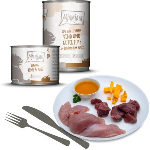 MjAMjAM Katzen-Nassfutter Duo Rind & Pute mit Kürbis, dargestellt mit frischen Zutaten.