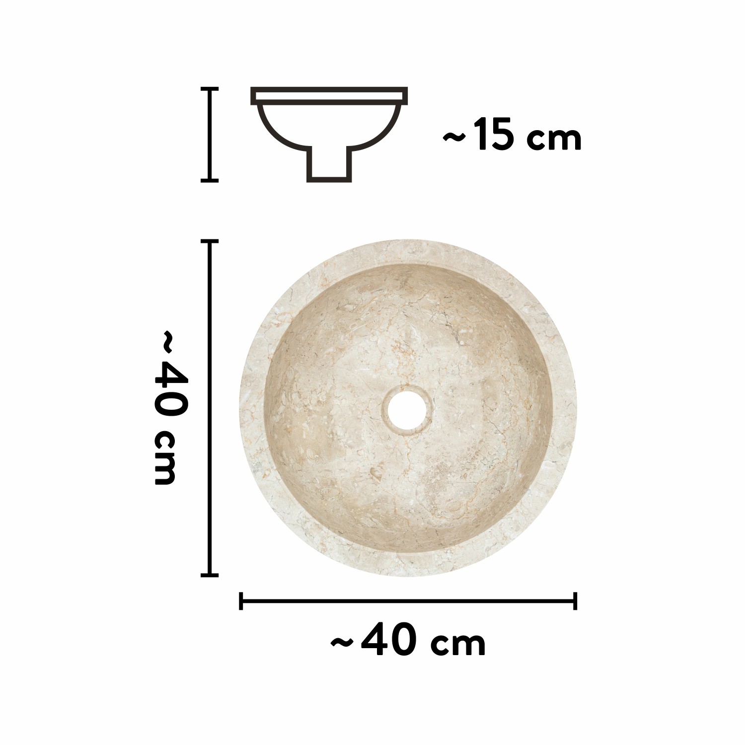 Draufsicht baliv Aufsatzwaschbecken WBA-7040, Ø 40 cm, aus Marmor mit Maßangaben.