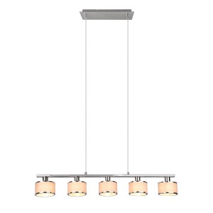 Moderne Trio Pendelleuchte Kaprun Chrom mit fünf grauen Stoffschirmen für den Essbereich.