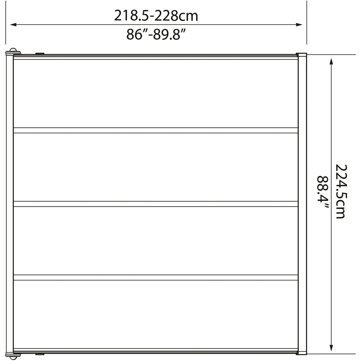 Maße des grauen Palram Terrassendachs Sierra, 230x230 cm, mit Höhenangaben.