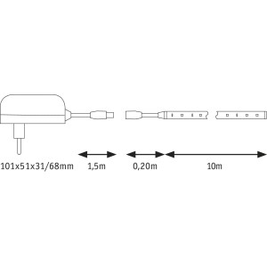 Skizze: Paulmann SimpLED Strip Set, 10m LED-Streifen mit Trafo und Zubehör.