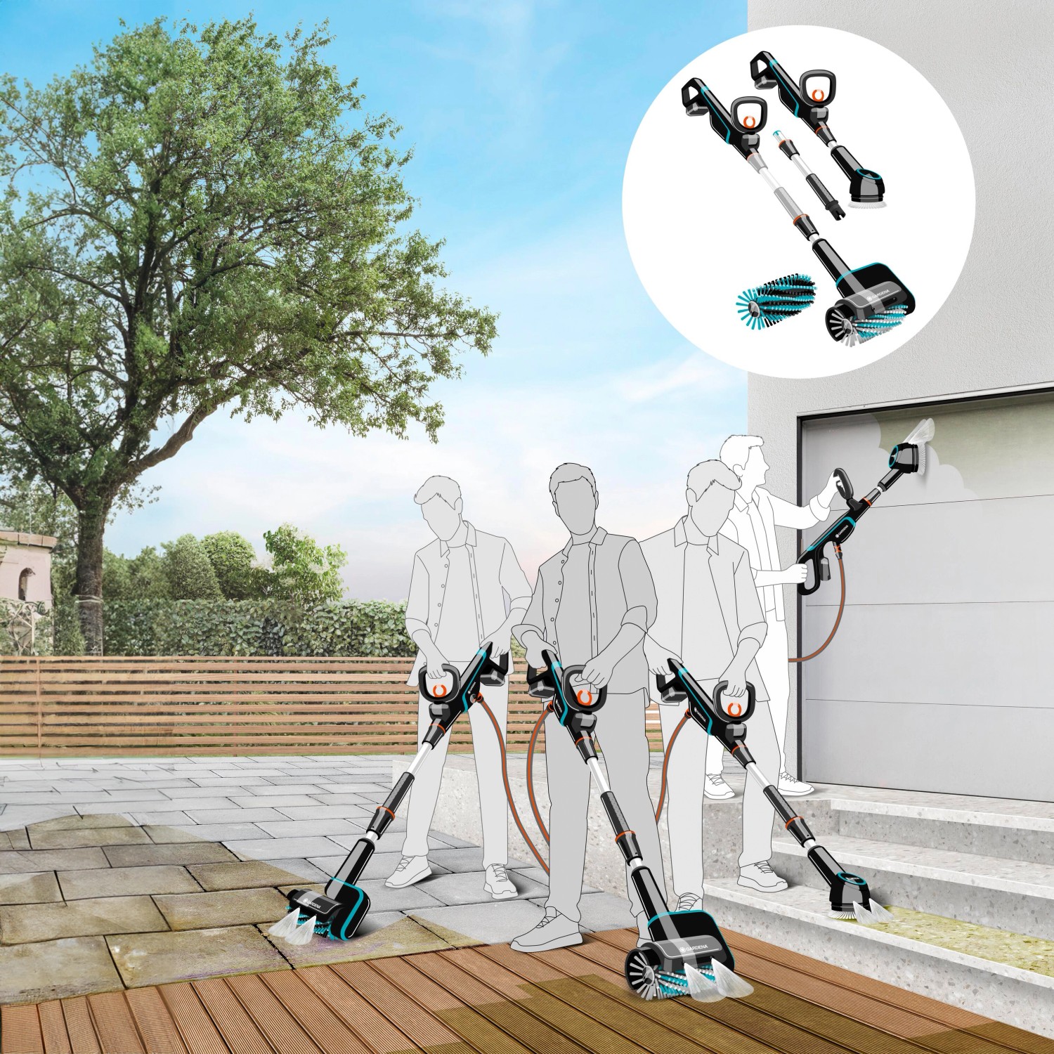 Gardena Akku-Multi-Reiniger AquaBrush Universal zum Reinigen von Oberflächen im Außenbereich.