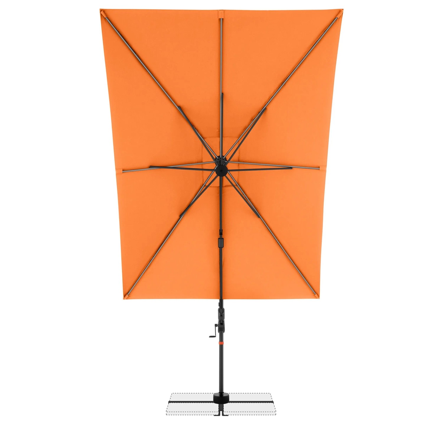 Orange, rechteckiger Ampelschirm 300x220 cm mit Kurbelmechanik. Schwarze Rahmenstruktur sichtbar.