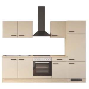 Flex-Well Küchenzeile Creso 270 cm in Cashmere matt und Provence Oak mit Herd, Kochfeld, Spüle, Kühlschrank, Dunstabzugshaube.