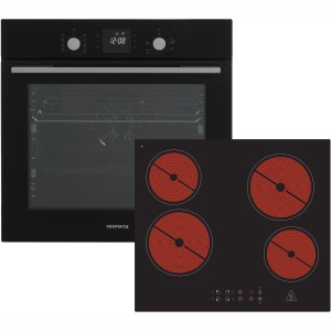 Respekta Herdset Ned + Aaron: Schwarzer Einbau-Backofen mit Glaskeramikkochfeld und vier Kochzonen.