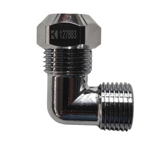 Verchromte Kirchhoff Quetschverschraubung-Winkel 90° mit 21 mm (1/2 AG) x 10 mm Anschluss für Sanitär- und Heizungsinstallationen.