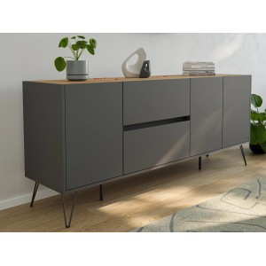 Posseik Sideboard Industrial I, 180 cm, Grafit/Eiche, mit 2 Schubladen und 3 Türen.