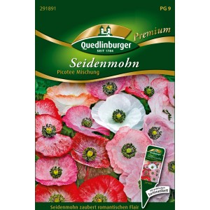 Quedlinburger Seidenmohn 'Picotee Mischung' Blumensamen mit roten, rosa und weißen Blüten.