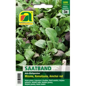 Austrosaat Saatband Asia-Blattgemüse: Mizuna, Komatsuna und Amchoi auf der Verpackung.
