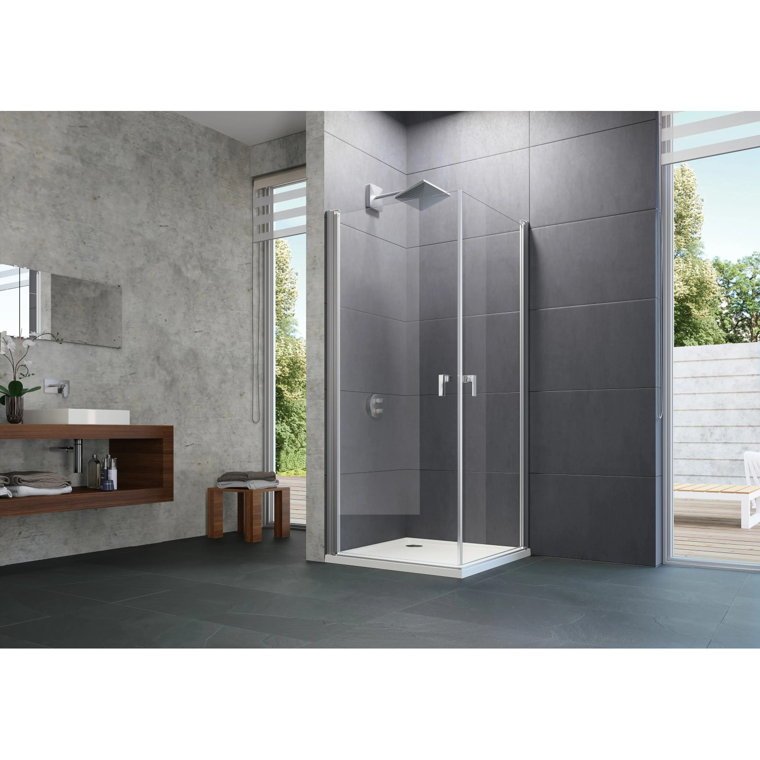 Hüppe 4-Eck-Schwingtür Design Pure, 80x190 cm, Silber Matt, teilgerahmte Duschtür im Badezimmer.