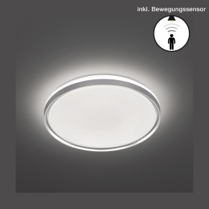 Moderne LED-Deckenleuchte Jaso von Fischer & Honsel, silberfarben/weiß, mit Bewegungssensor.