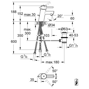 Technische Zeichnung Grohe Concetto S-Size Waschtischarmatur in Chrom mit Maßangaben.