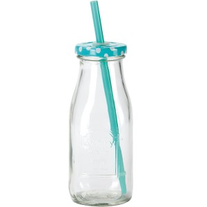 Trinkflasche aus Glas (325 ml) mit blauem Deckel, weißen Punkten und blauem Trinkhalm.