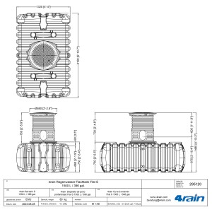 Technische Zeichnung: 4rain Flachtank Flat S 1500 l mit Maßen.