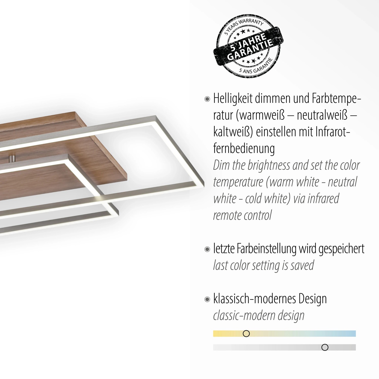 Moderne LED-Deckenleuchte Palma mit Holzdekor, dimmbar und farbsteuerbar.