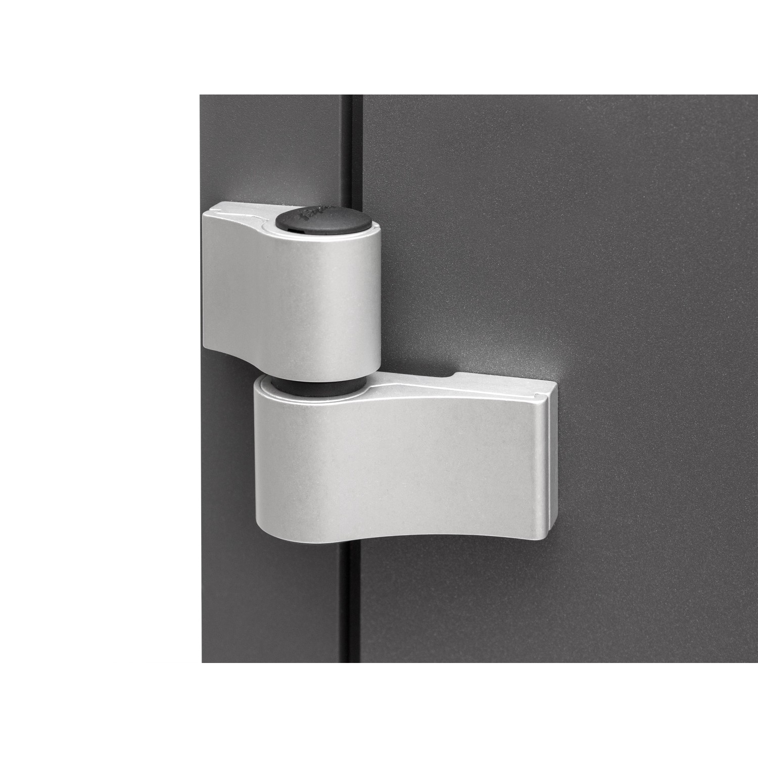 Detailansicht: Silberfarbenes Scharnier an anthrazitfarbener Aluminium Haustür.