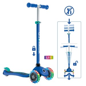Dunkelblauer Globber Primo Lights Kinder Tretroller mit 3 LED-Leuchtrollen und höhenverstellbarer Lenkstange.
