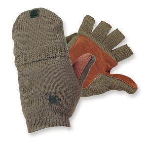 Scheibler Strick-Jägerhandschuh Oliv Gr. L mit abklappbarem Fäustling und Lederbesatz.